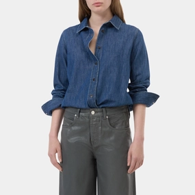 Non Restrictive Collar Denim Shirt with Strap Detail (Dark Blue)