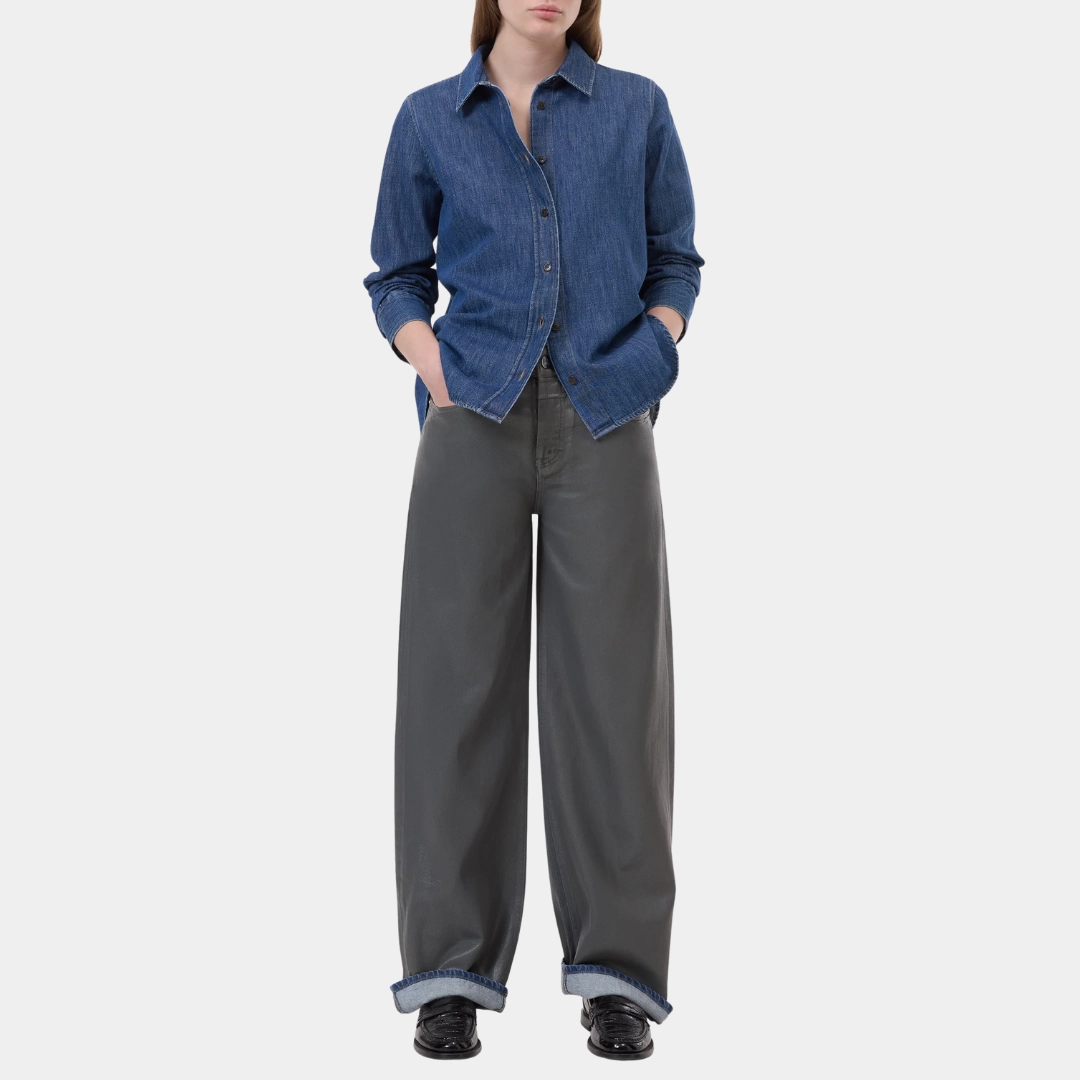 Denim Shirt with Strap Detail (Dark Blue) Relaxed Look