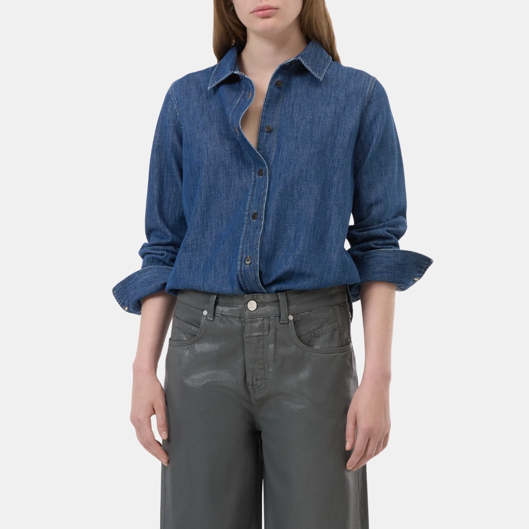 Non Restrictive Collar Denim Shirt with Strap Detail (Dark Blue)
