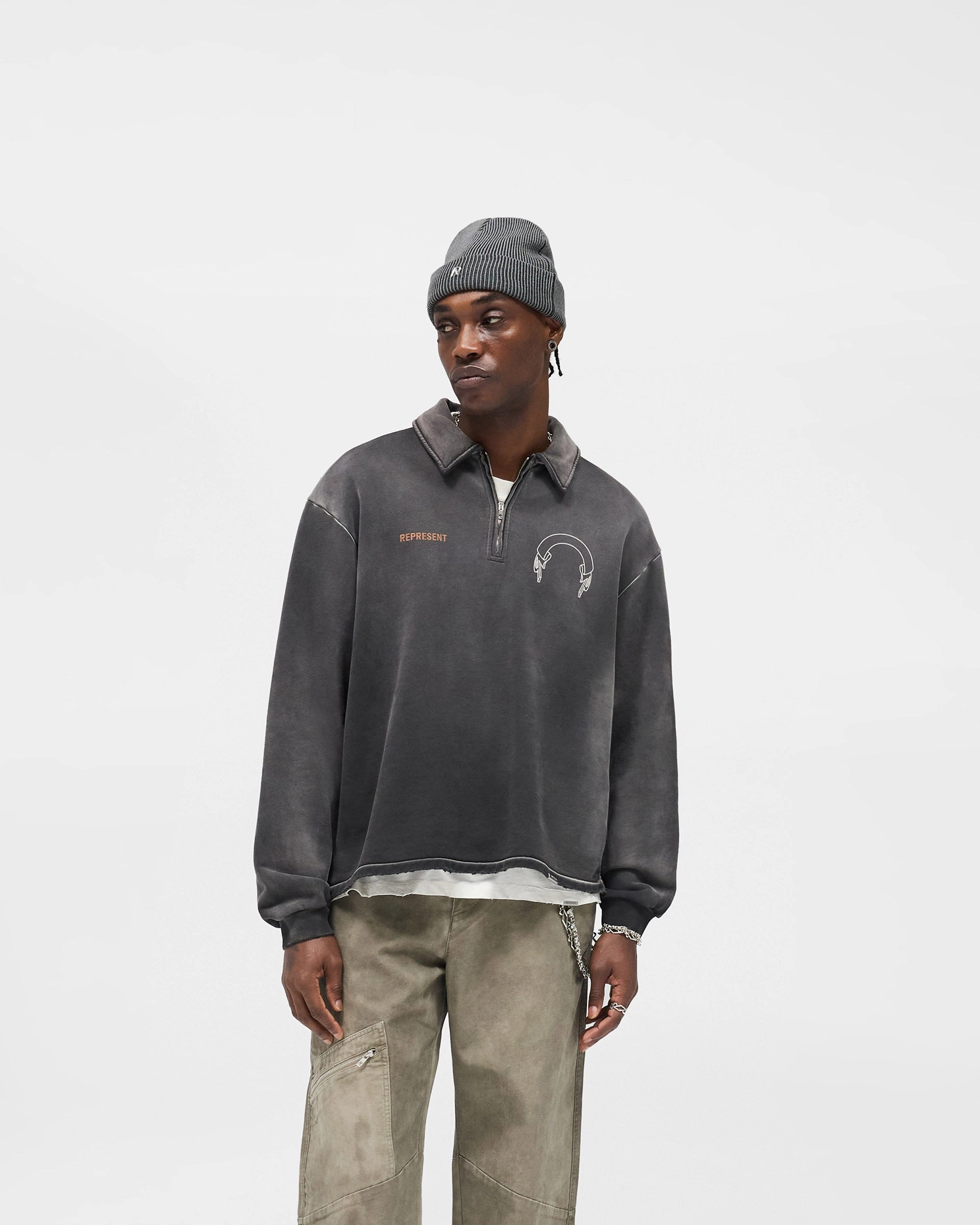 Represent Banner Quarter Zip Sweatshirt - Stained Black Texture Tone Chunky Cable Knit