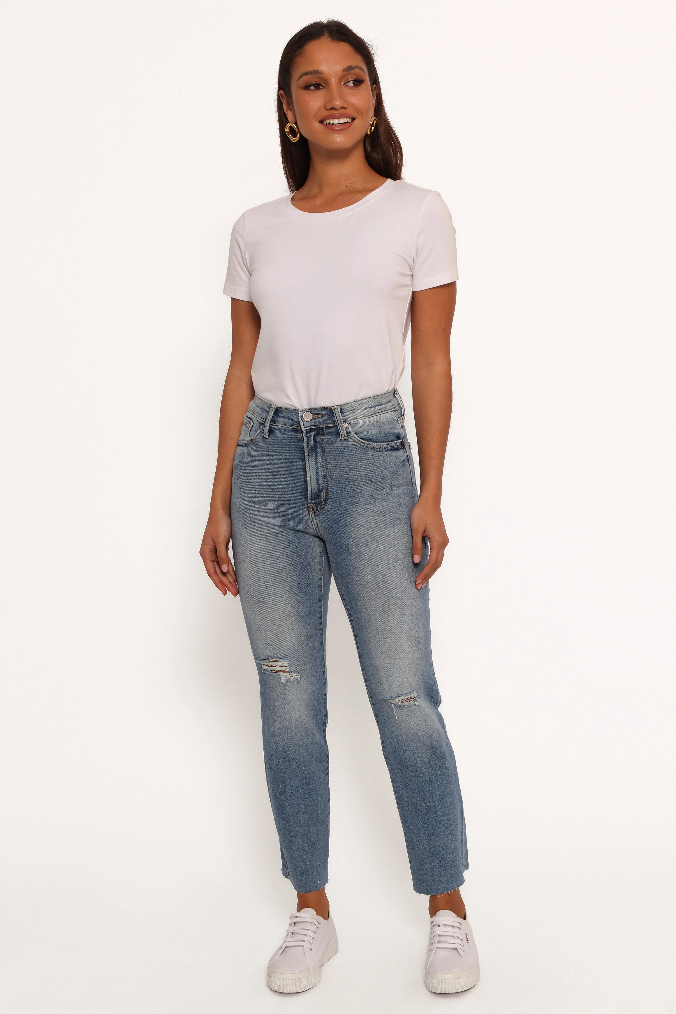 Timeless Waist Just Black Distressed Slim Leg Jean - Light Denim
