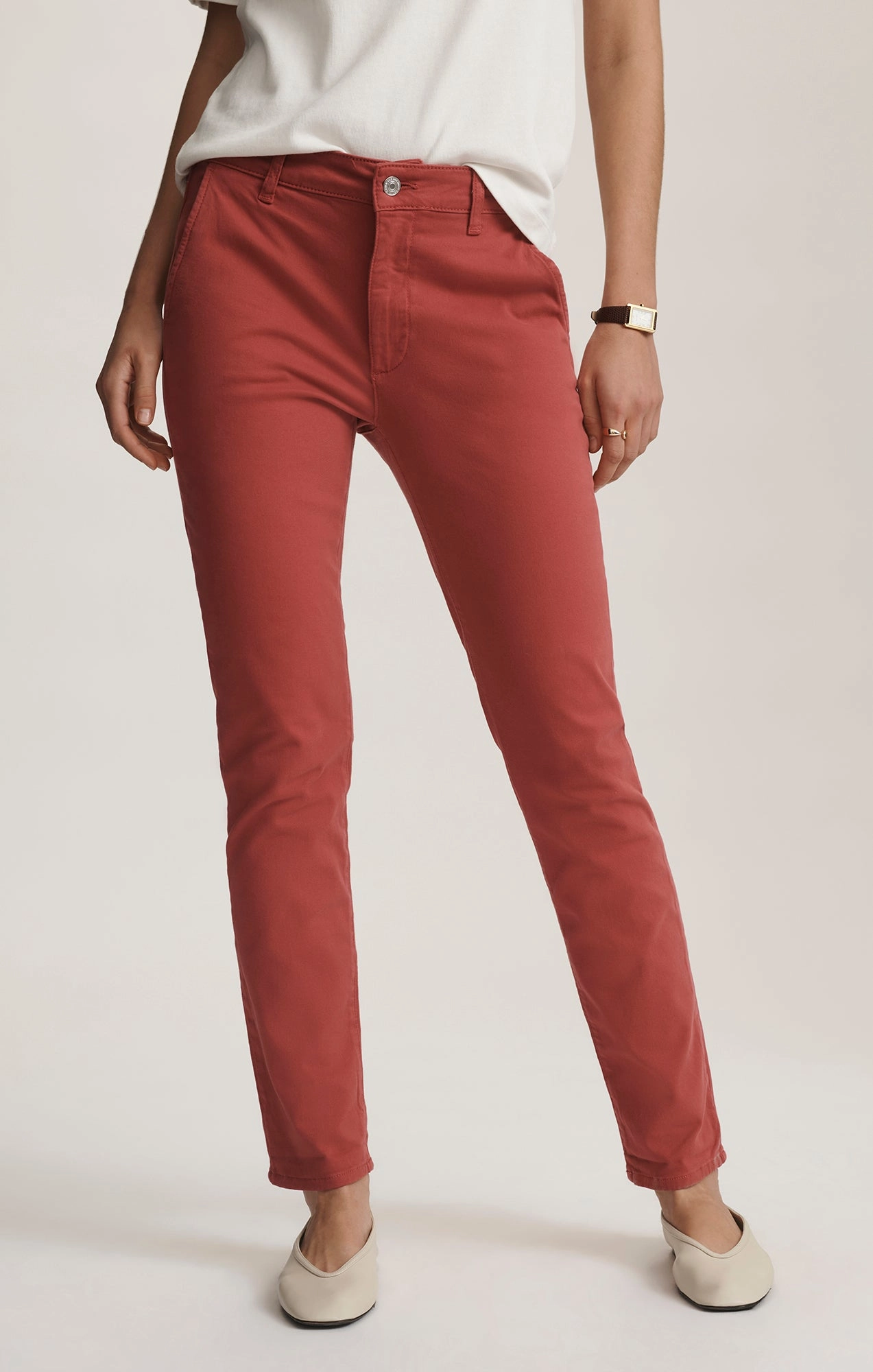 KATHLEEN SLIM BOYFRIEND CHINO IN BUBBLEGUM CASUAL TWILL Quick Motion Soft Fabric