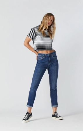 KATHLEEN SLIM BOYFRIEND JEANS IN MID FEATHER BLUE Stain Release Finish Outfit Essential