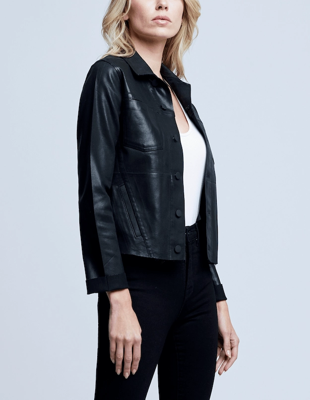 L'AGENCE Janelle Slim Raw Coated Jacket In Saturated Black Coated color block Essential Style