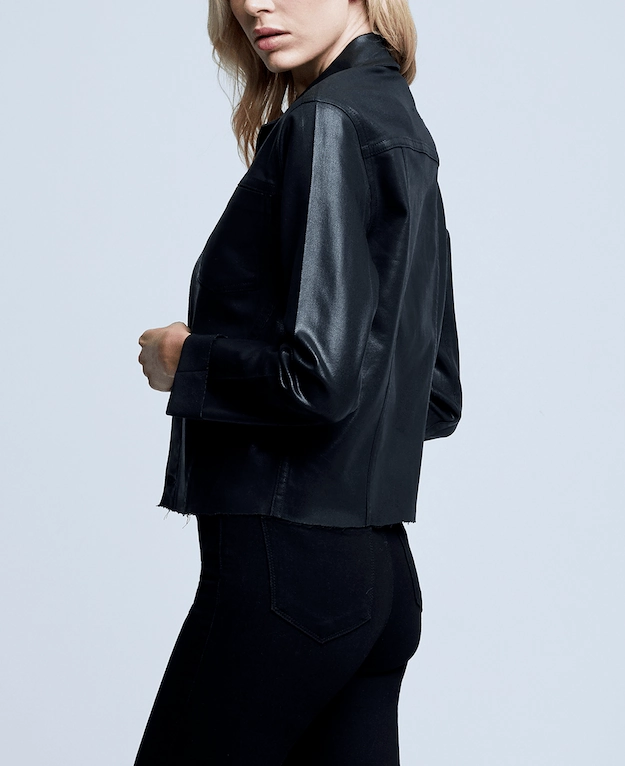 L'AGENCE Janelle Slim Raw Coated Jacket In Saturated Black Coated Adjustable hood design