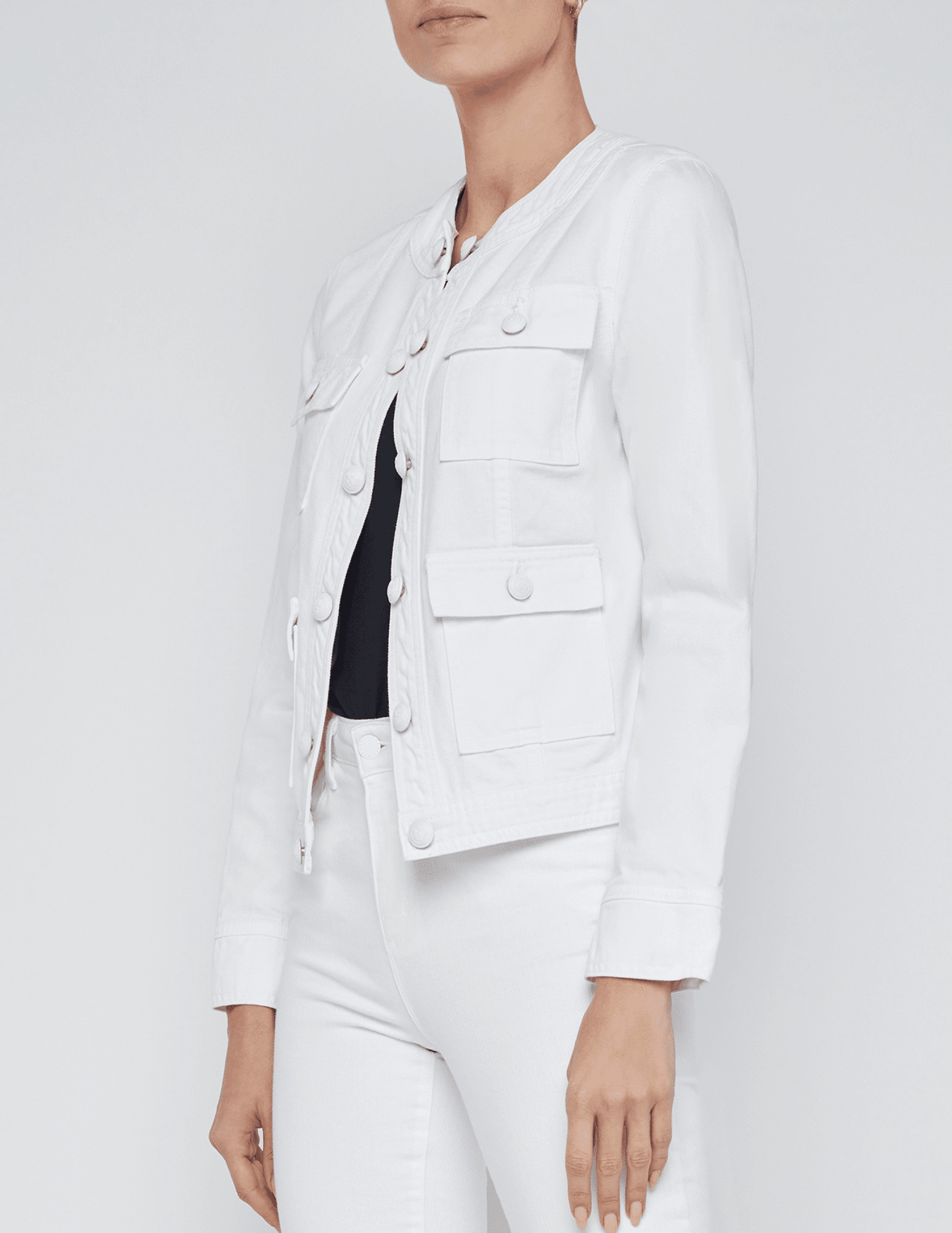 L??AGENCE Yari Collarless Jacket in White-SALE All Weather Protection Mid Length
