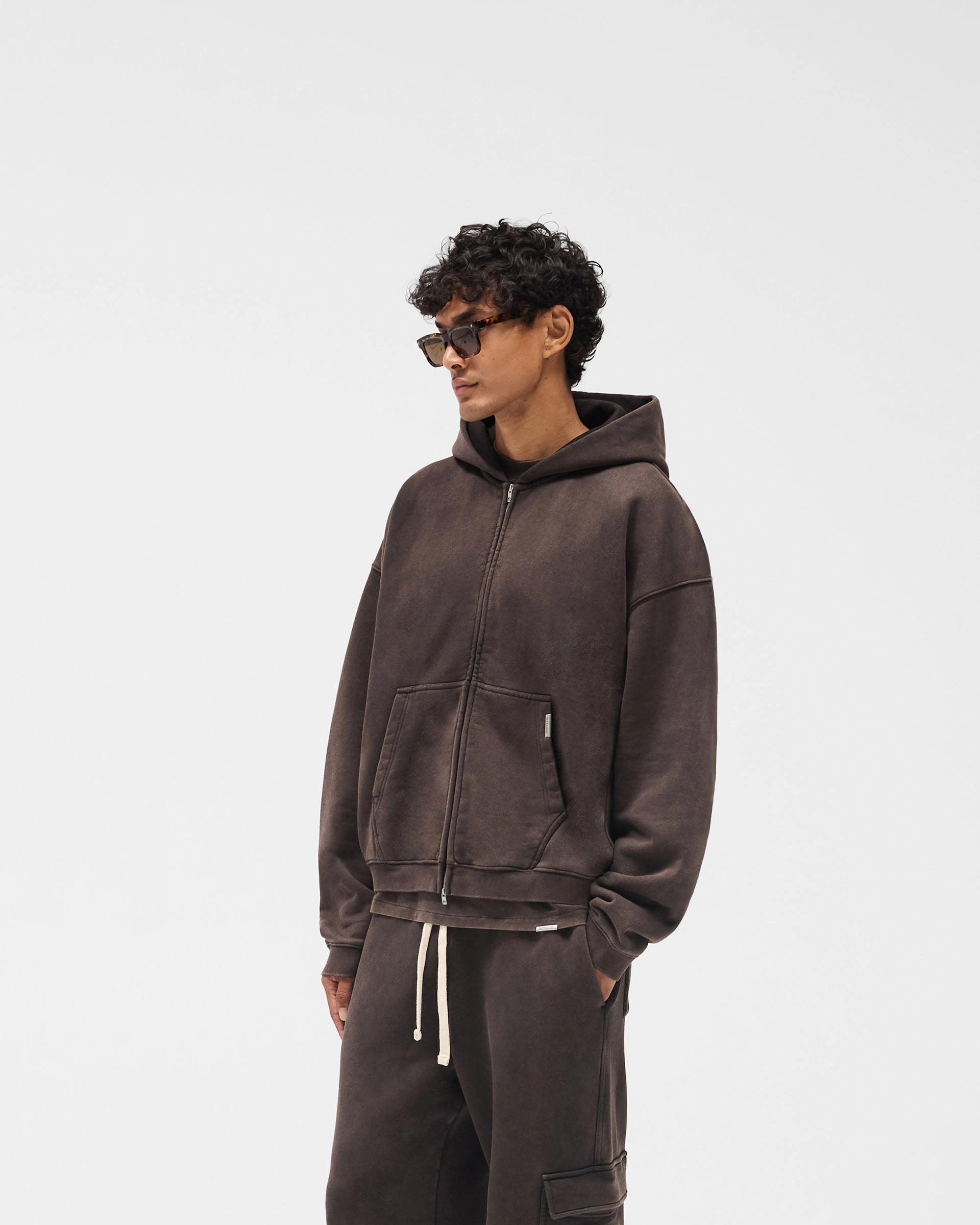 New Year's Eve wear Initial Boxy Zip Through Hoodie - Coffee