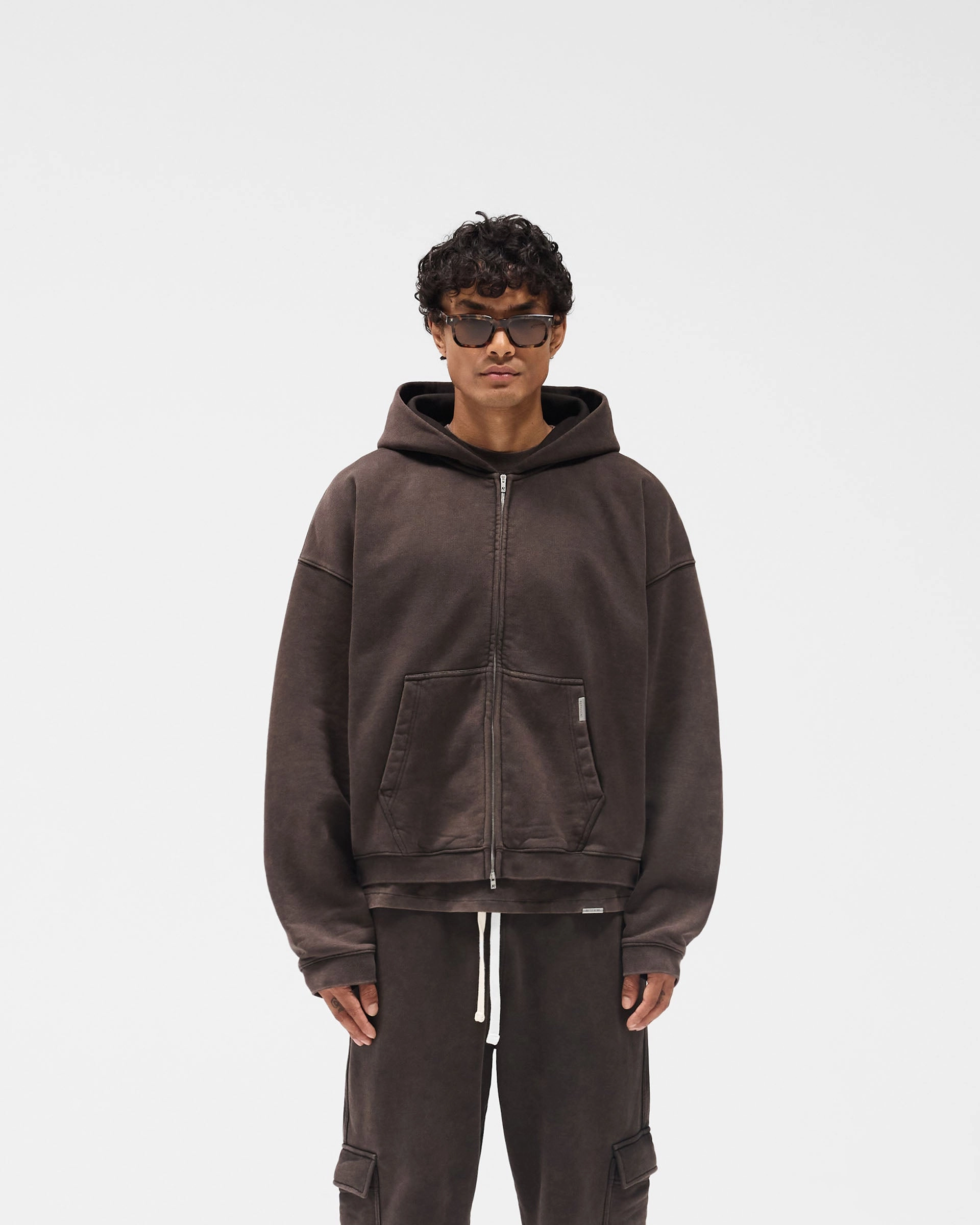 stretchy texture Hare like Initial Boxy Zip Through Hoodie - Coffee