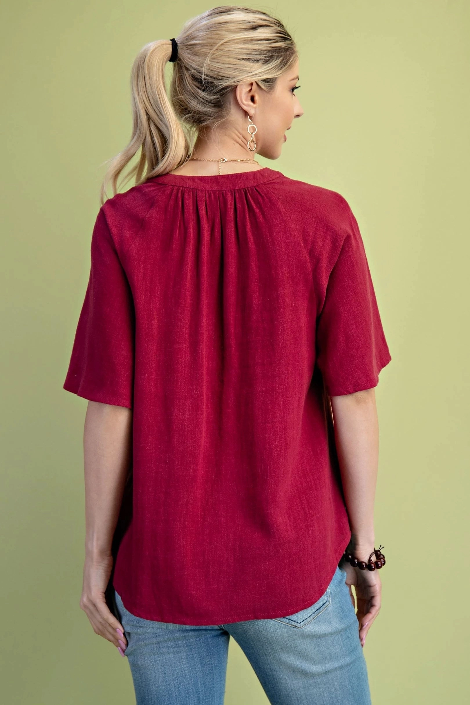Burgundy Washed Linen Blend Top Reinforced Shoulder Seams wrinkle free finish