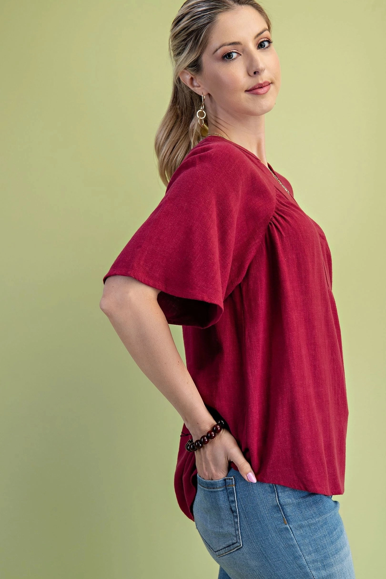 NoTagLabel Burgundy Washed Linen Blend Top