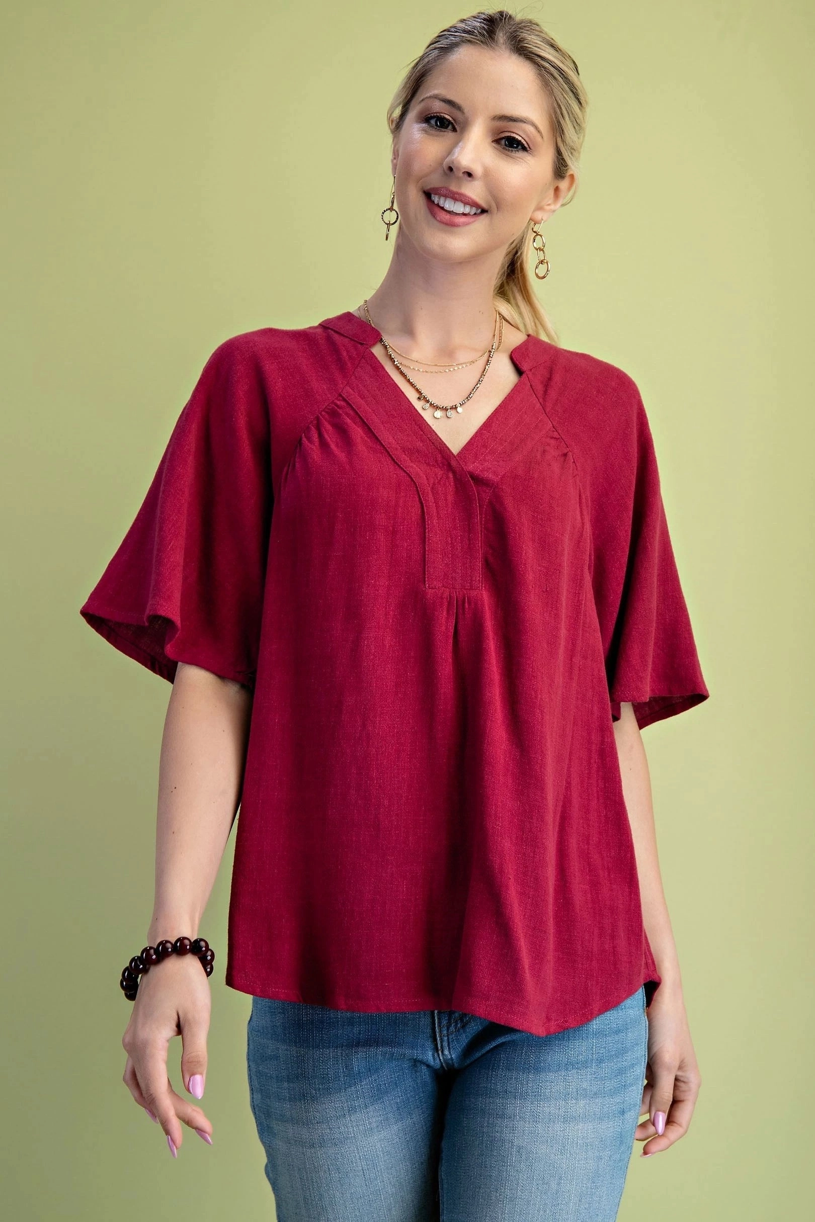 Soft Blended Fabric Bonded Seam Innovation Burgundy Washed Linen Blend Top