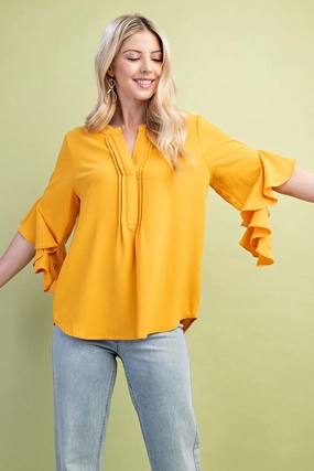 Reinforced Neckline Detail Layered Ventilation Zones Golden Yellow Ruffled Bell Sleeve Top