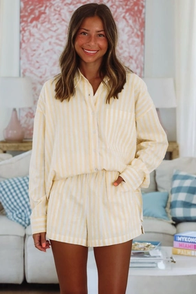 Lemon Stripes Button Down Top - Yellow and White WaterRepellent Finish Anti Static Weave Technology