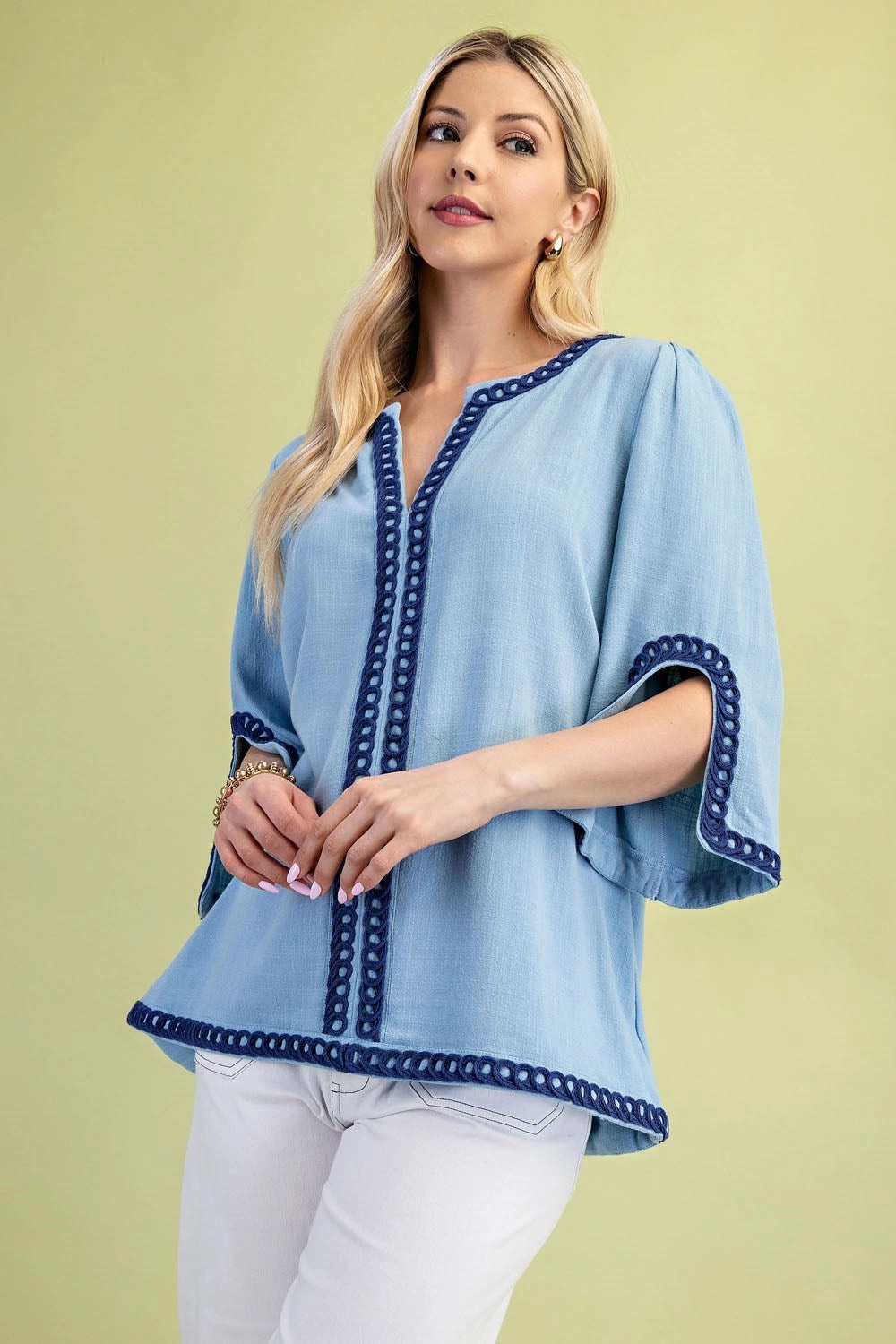 Light Blue Linen Blend Embroidered Tunic Retro Style