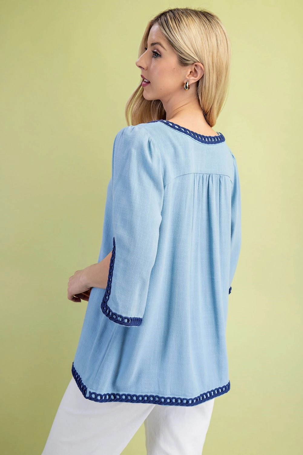Tagless Neckline Light Blue Linen Blend Embroidered Tunic