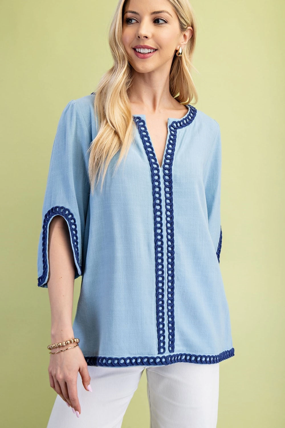 Comfortable Layer Unlined Design Light Blue Linen Blend Embroidered Tunic