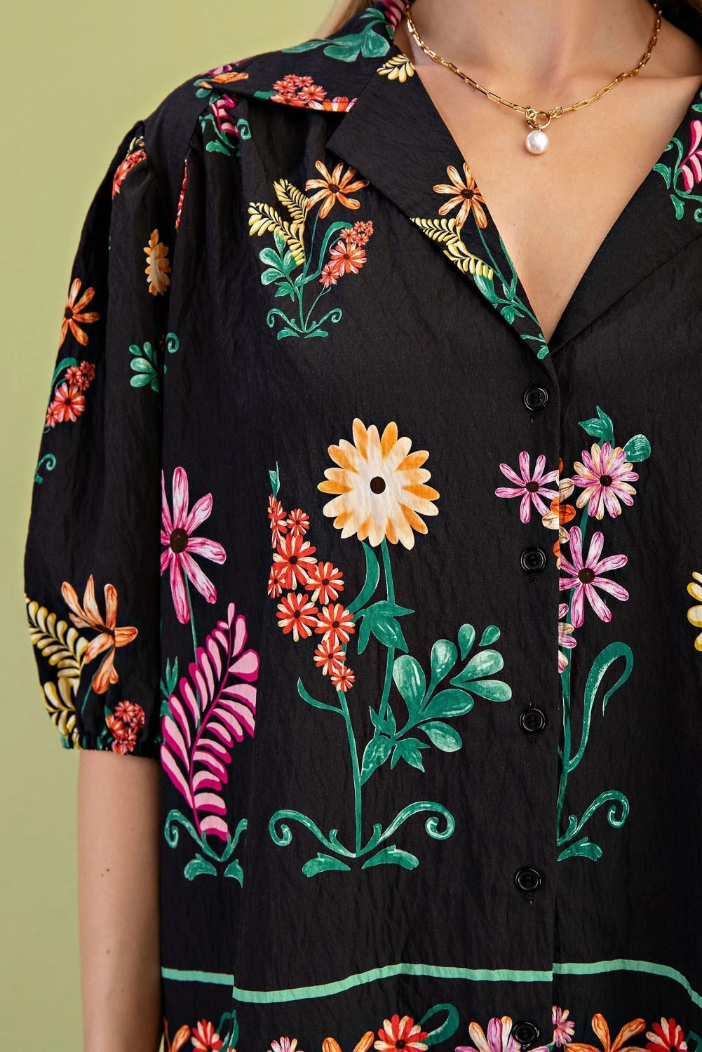 QuickRelease Closure DualLayer Weave Floral Print Button-Up Blouse in Black