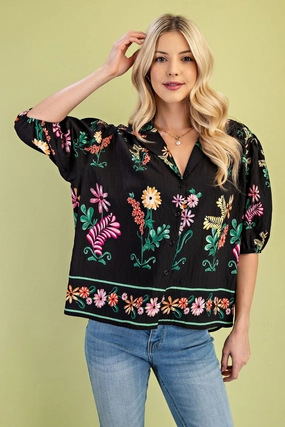 Convertible Style Floral Print Button-Up Blouse in Black