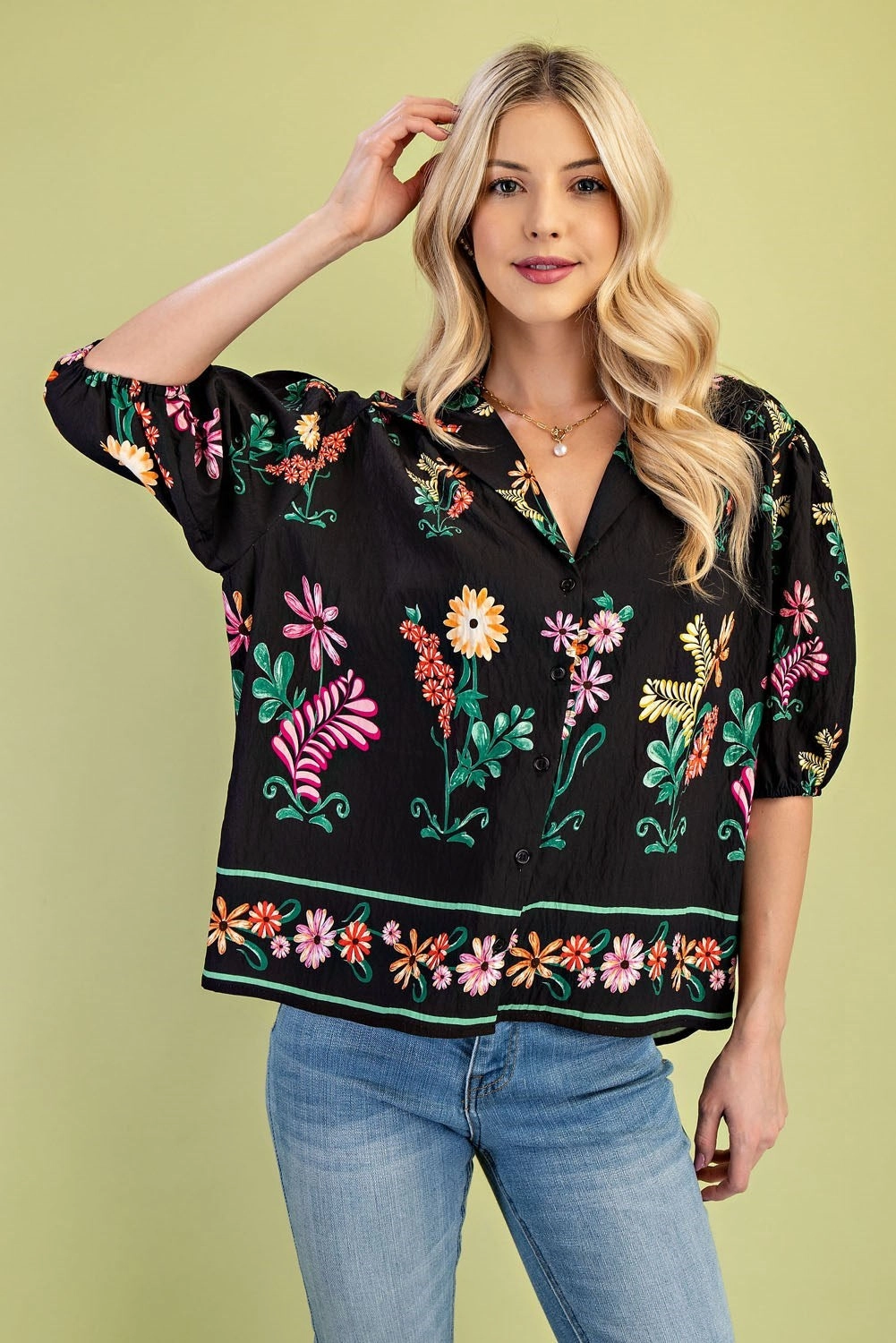 Convertible Style Floral Print Button-Up Blouse in Black