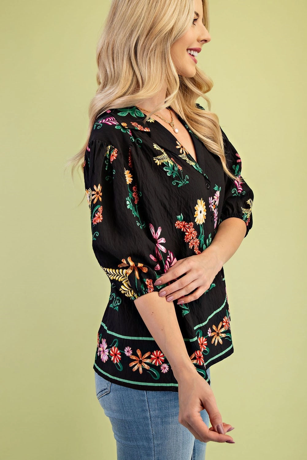 LowProfileSeams Bamboo Fiber Fabric Floral Print Button-Up Blouse in Black