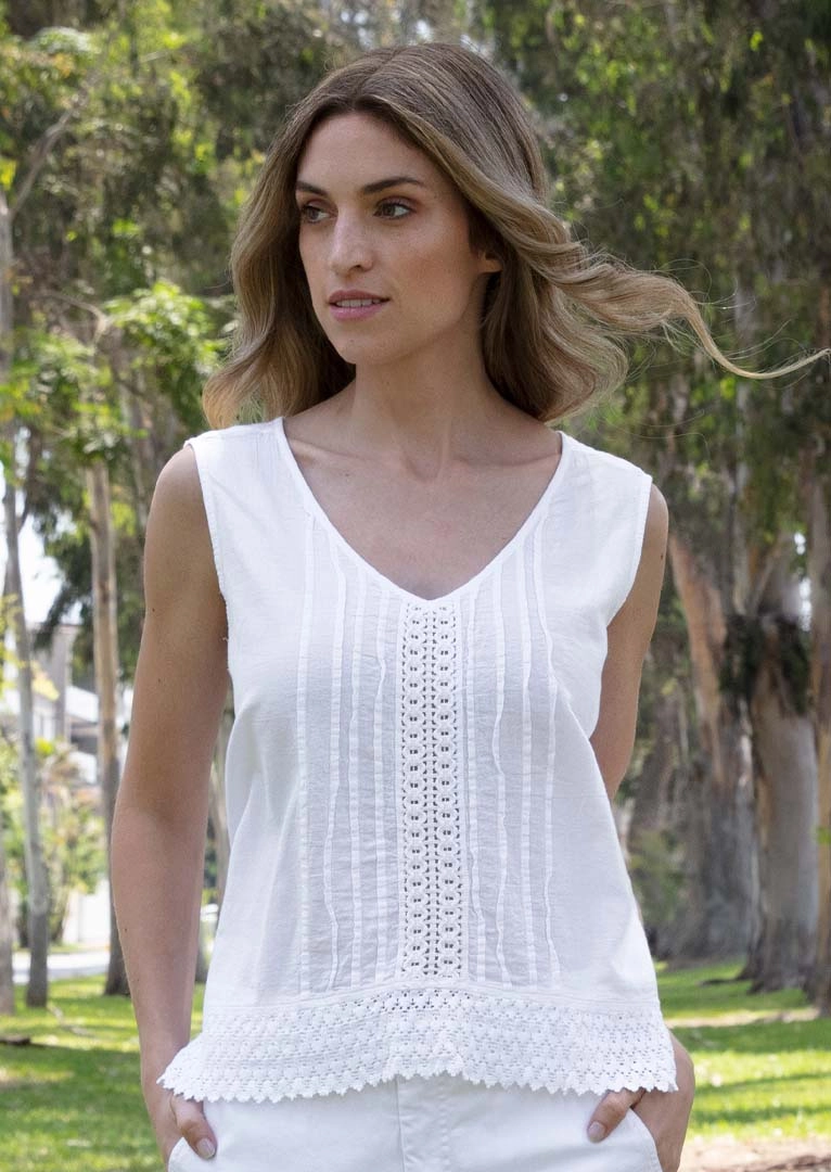 Ezranel White Cotton Tank Top VNeck Style