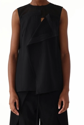 BreathableMaterial ASYMMETRICAL DRAPE SLUB SUITING TOP WITH COMBO GAUZE YOKE