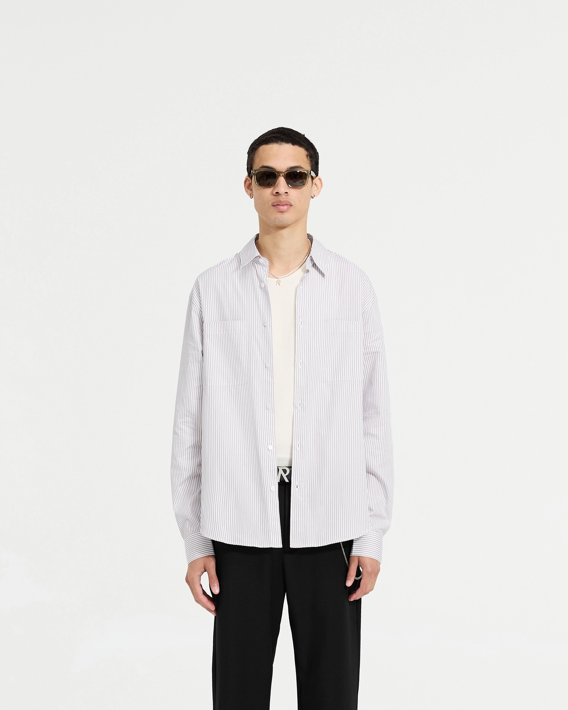 Wrinkle-Free Long Sleeve Pinstripe Shirt - Grey