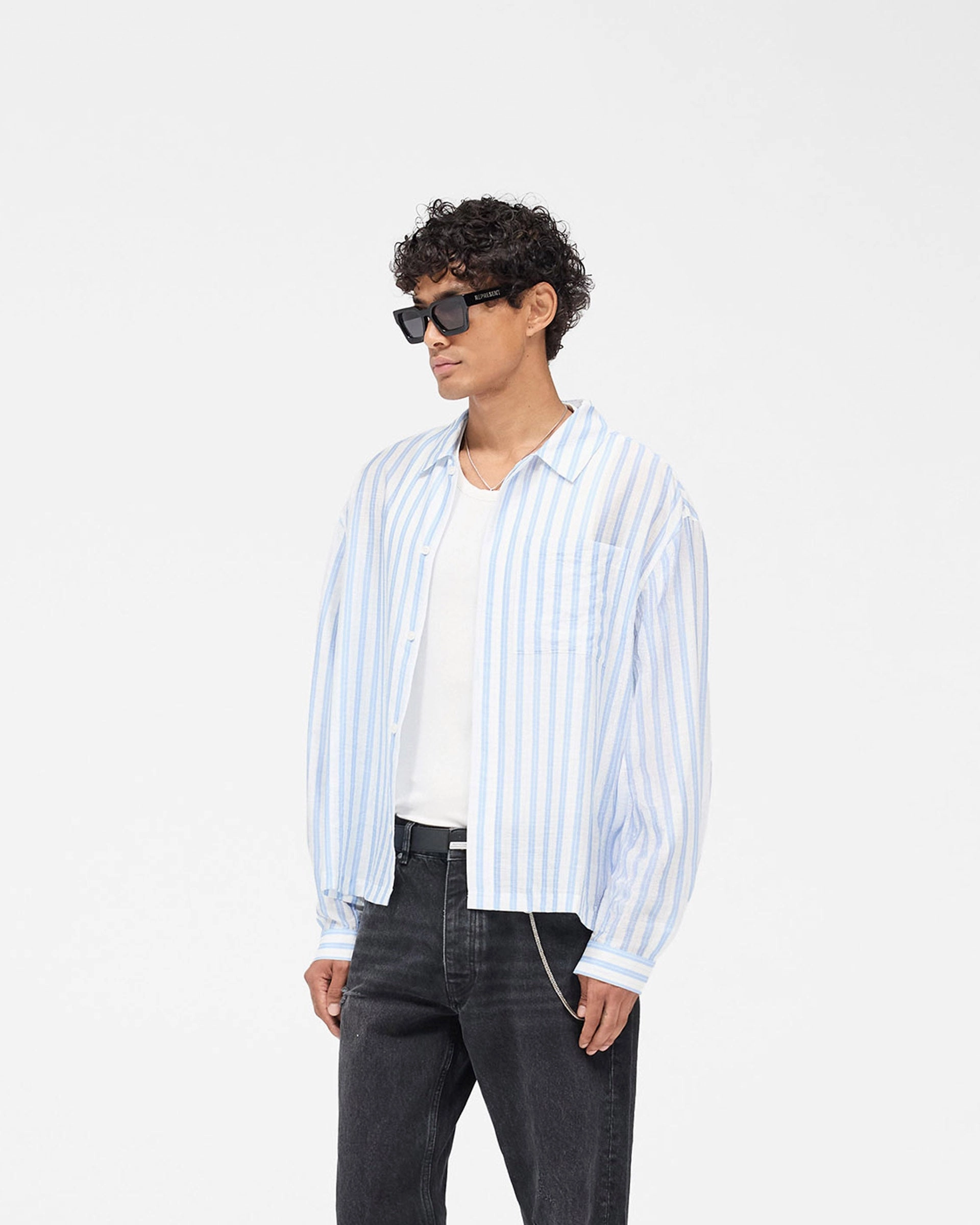 Long Sleeve Sheer Stripe Boxy Shirt - Ice Blue Durable Buttons Durable Quality