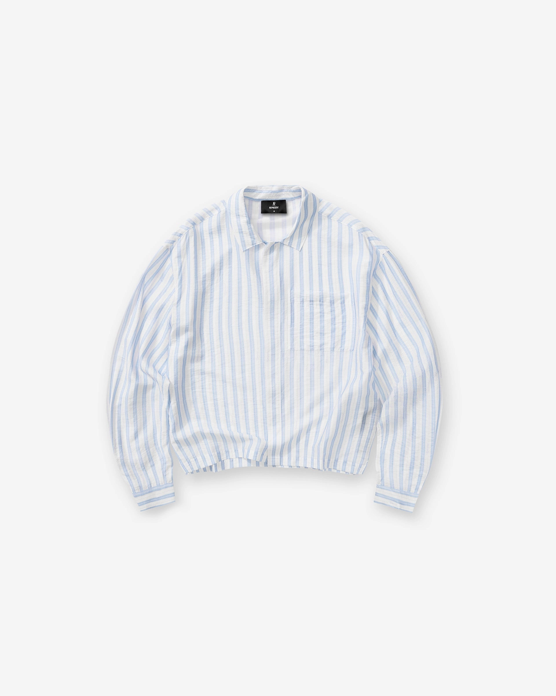 Long Sleeve Sheer Stripe Boxy Shirt - Ice Blue Stretch Material Tropical theme