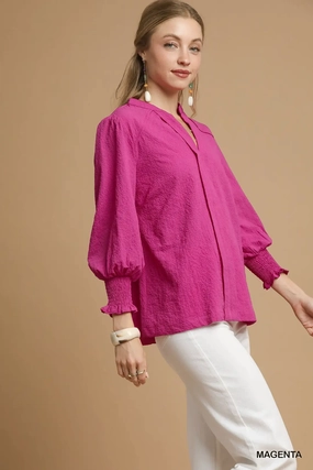 Non Slip Shoulder Seams Cozy Wear Magenta Textured V-Neck Top