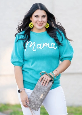 Mama Turquoise Embroidery Puff Sleeve Top ZipperedPockets Stain Resistant Treatment