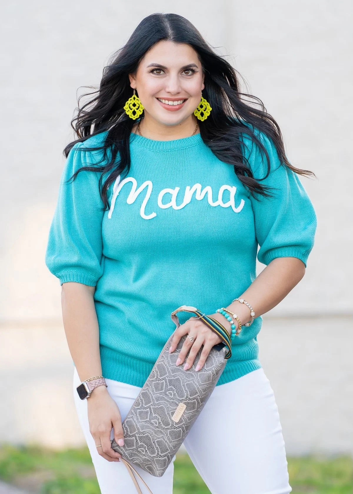 Mama Turquoise Embroidery Puff Sleeve Top QuickReleaseFastenings