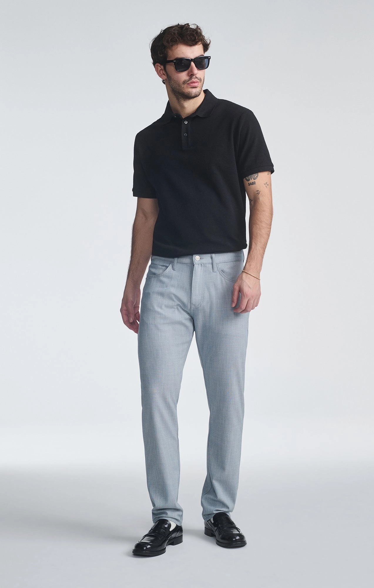 MARCUS SLIM STRAIGHT LEG IN BLUE CROSS HATCH TWILL Reinforced Stitching