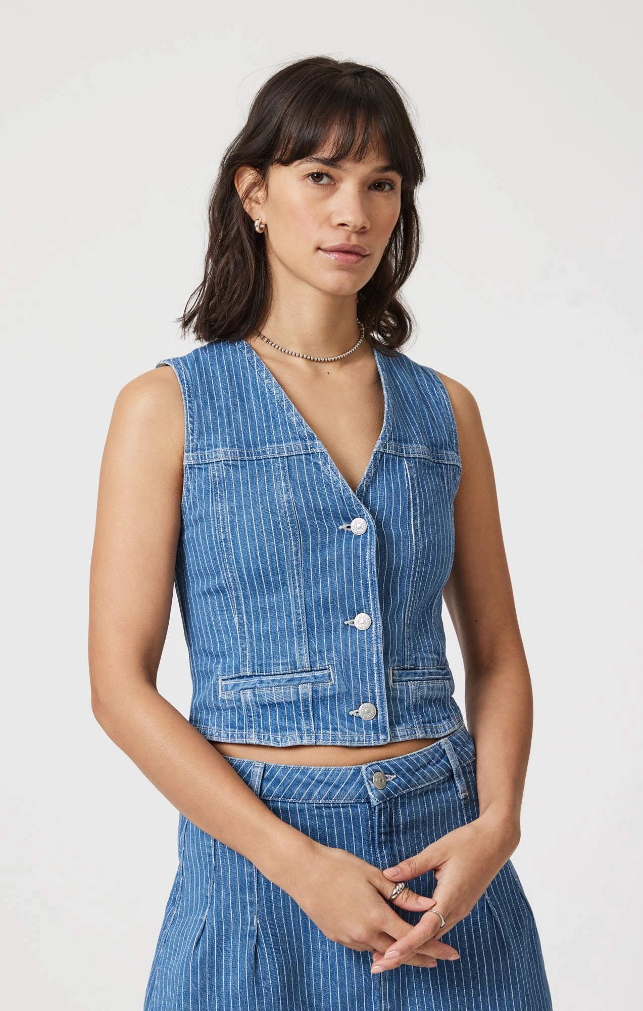 MERLIN VEST IN BLUE STRIPE DENIM Stone Wash Finish Stay Stylish