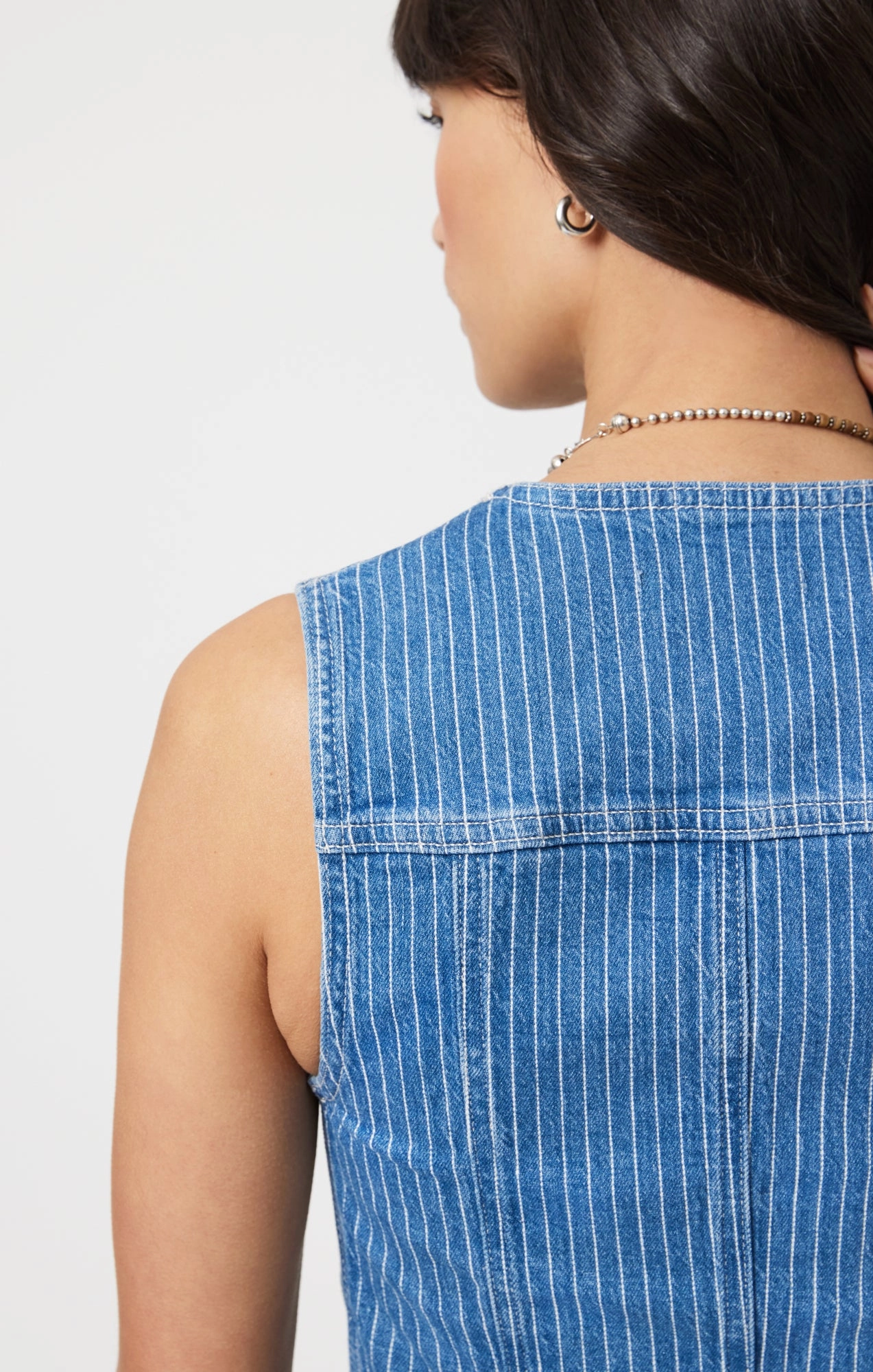 MERLIN VEST IN BLUE STRIPE DENIM Travel Outfit Evening Stroll Minimalist