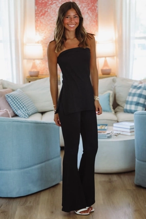 Chilly Top and Pant Set -  Black ConvertibleCollar Lightweight Material