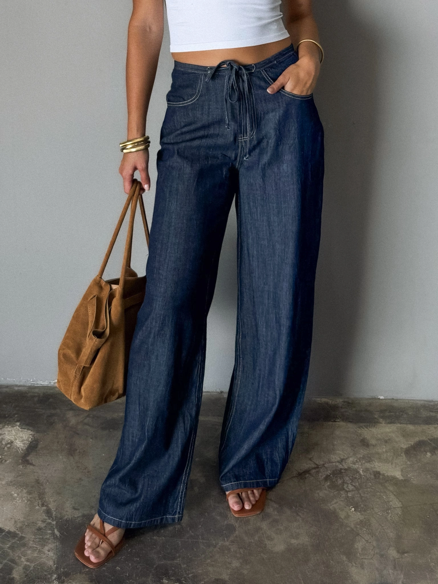 Midtown Drawstring Denim Pants Comfortable Flex Essential Comfort Wear Tailored Silhouette