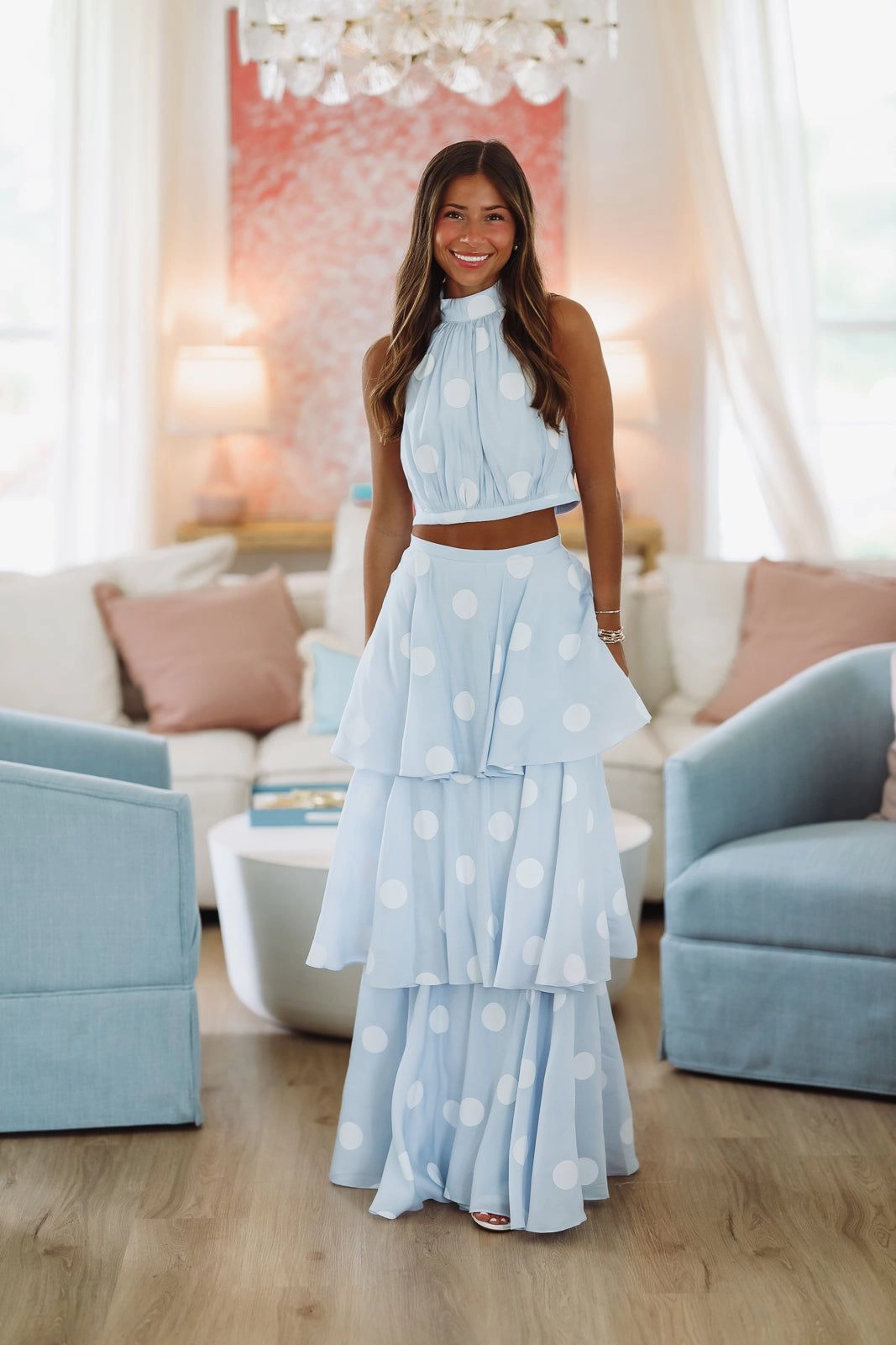 Dots For Days Top and Maxi Skirt Set - Light Blue and White Stretch Weave Construction