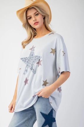 Anti Static Fabric Light Blue Washed Star Patch Tee