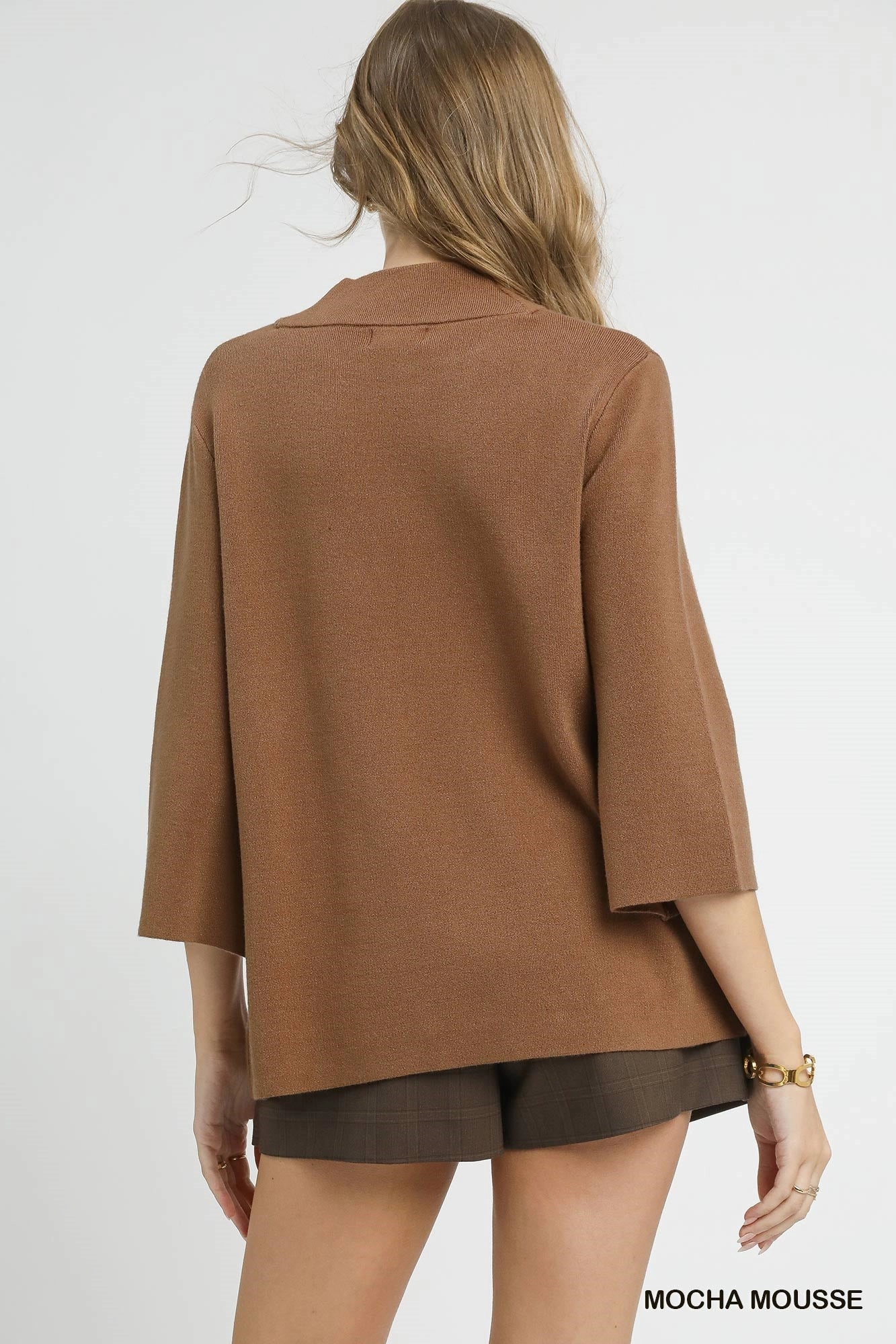 Mocha Brown Mock Neck Knit Pullover Sweater Printed top