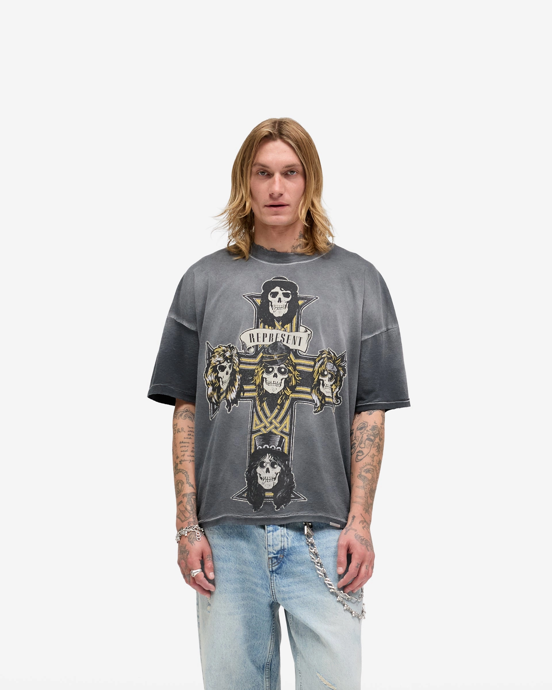 Fun Prints Represent X Guns N' Roses Cross T-Shirt - Stained Black