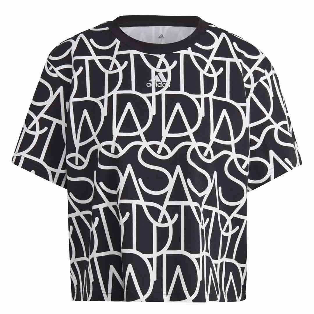 adidas - Women's Allover Graphic Boyfriend T-Shirt (IC1536) Stretch Comfort Fit Flex Fit Fabric