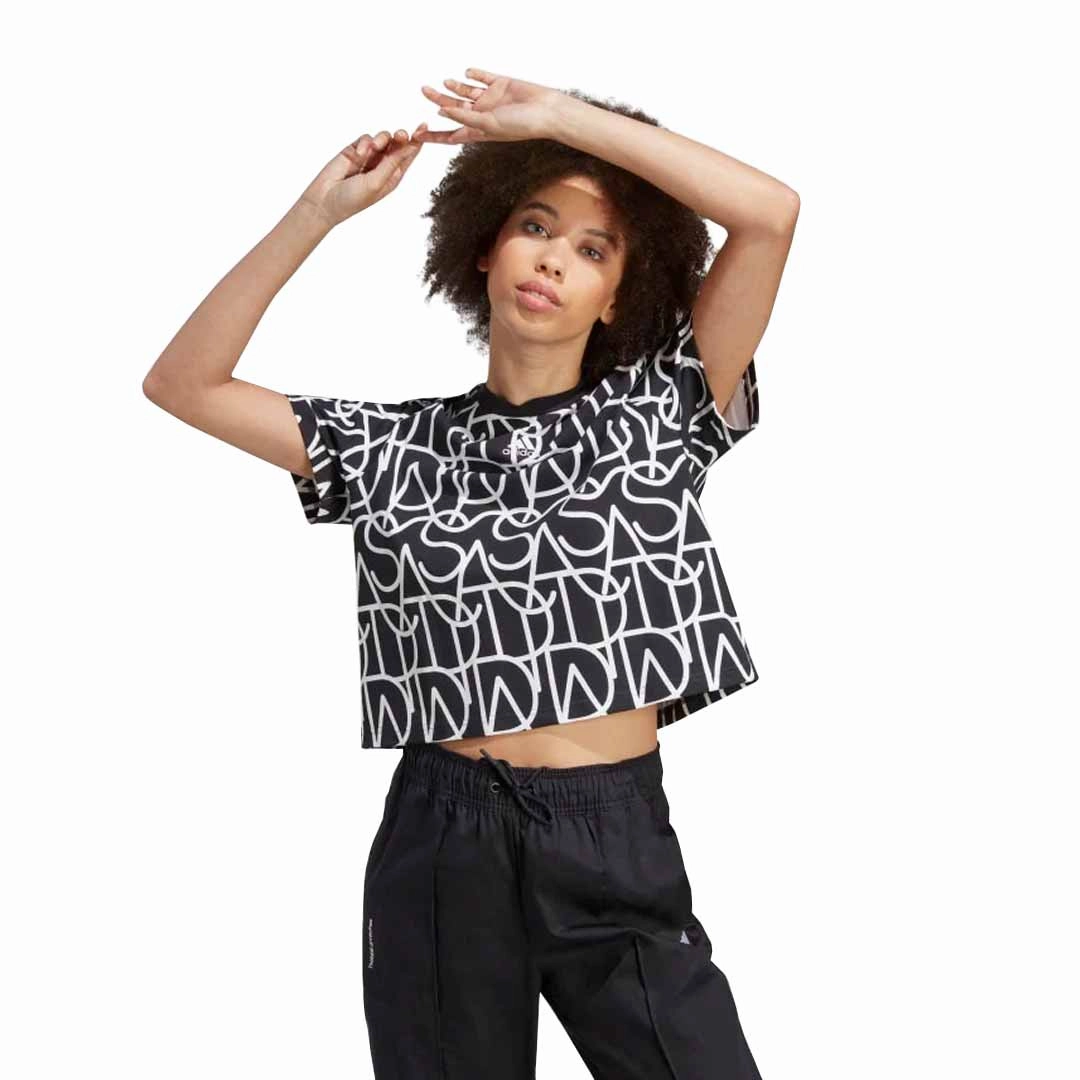 adidas - Women's Allover Graphic Boyfriend T-Shirt (IC1536) Warm Essentials Low Profile Collar Design