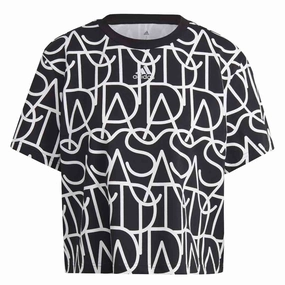 adidas - Women's Allover Graphic Boyfriend T-Shirt (IC1536) Stretch Comfort Fit Flex Fit Fabric