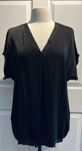 FlexibleCuffs Black Silky V-Neck Top with Raw Hem