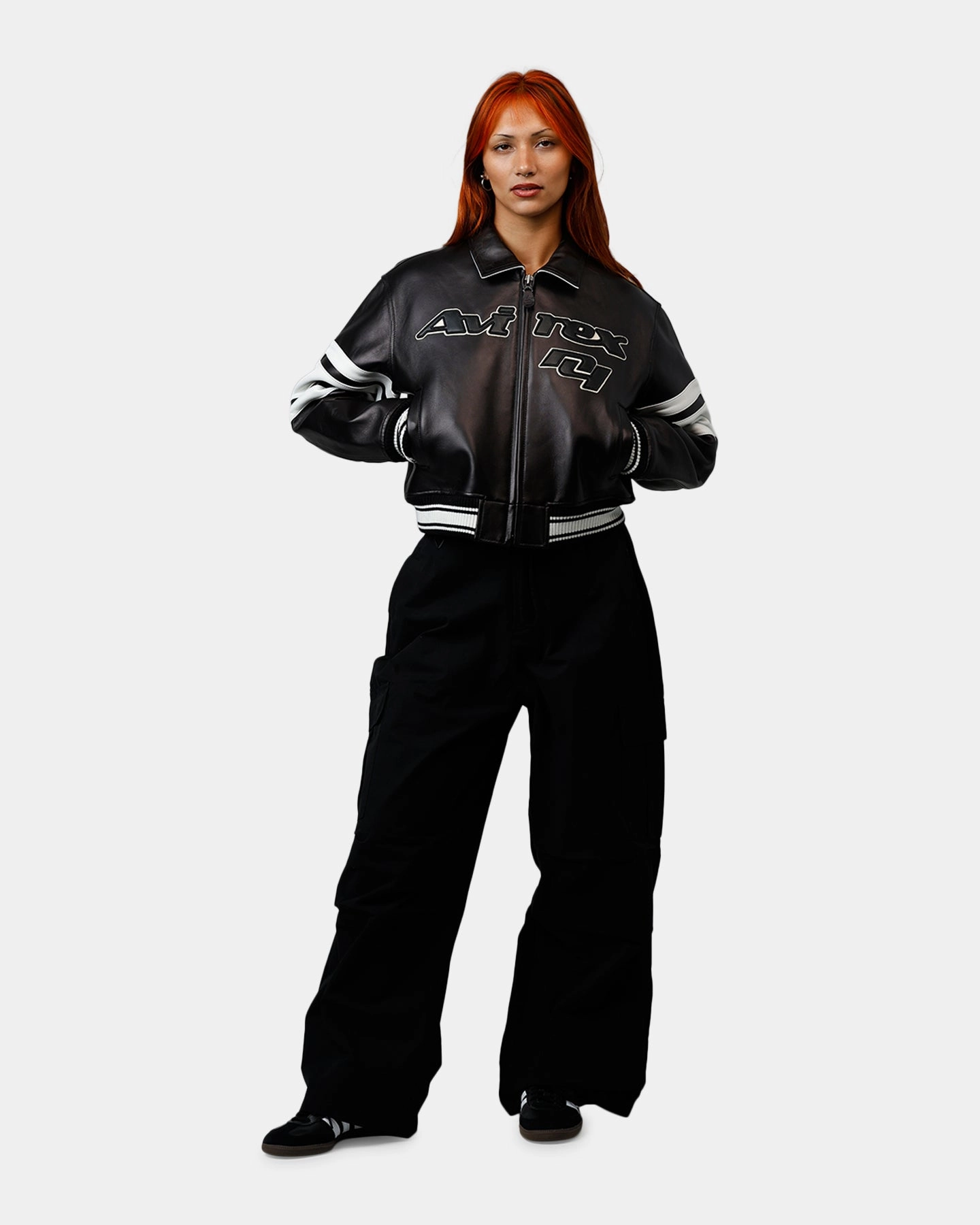 Avirex Women's Cropped Legend Jacket Black Contoured Silhouette Neutral Tones