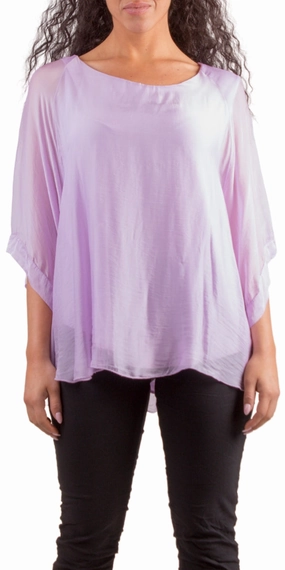 Lavender Round Neck Silk Top w/ Bell Sleeves Odor Resistant stain resistant coating