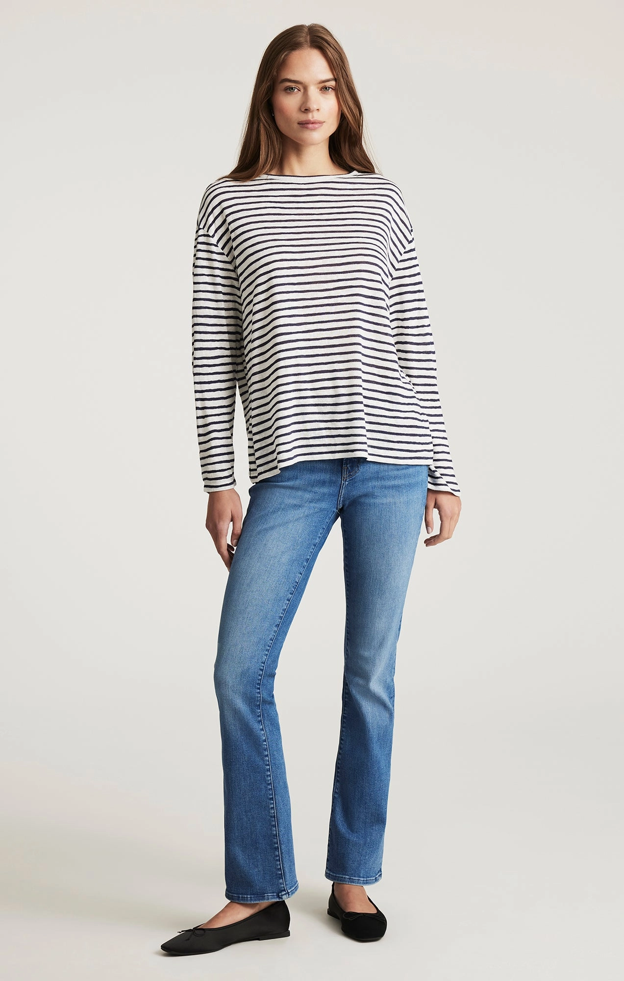 MOLLY BOOTCUT IN MID BRUSHED FLEX BLUE Durable Rivet Hardware Spring Mood Brunch Outfit Formal