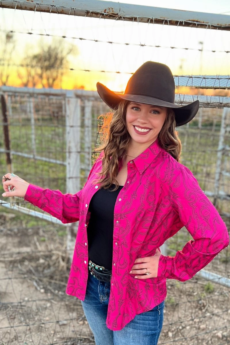 Boot Scootin Hot Pink w/ Black Western Blouse AntiStaticFinish