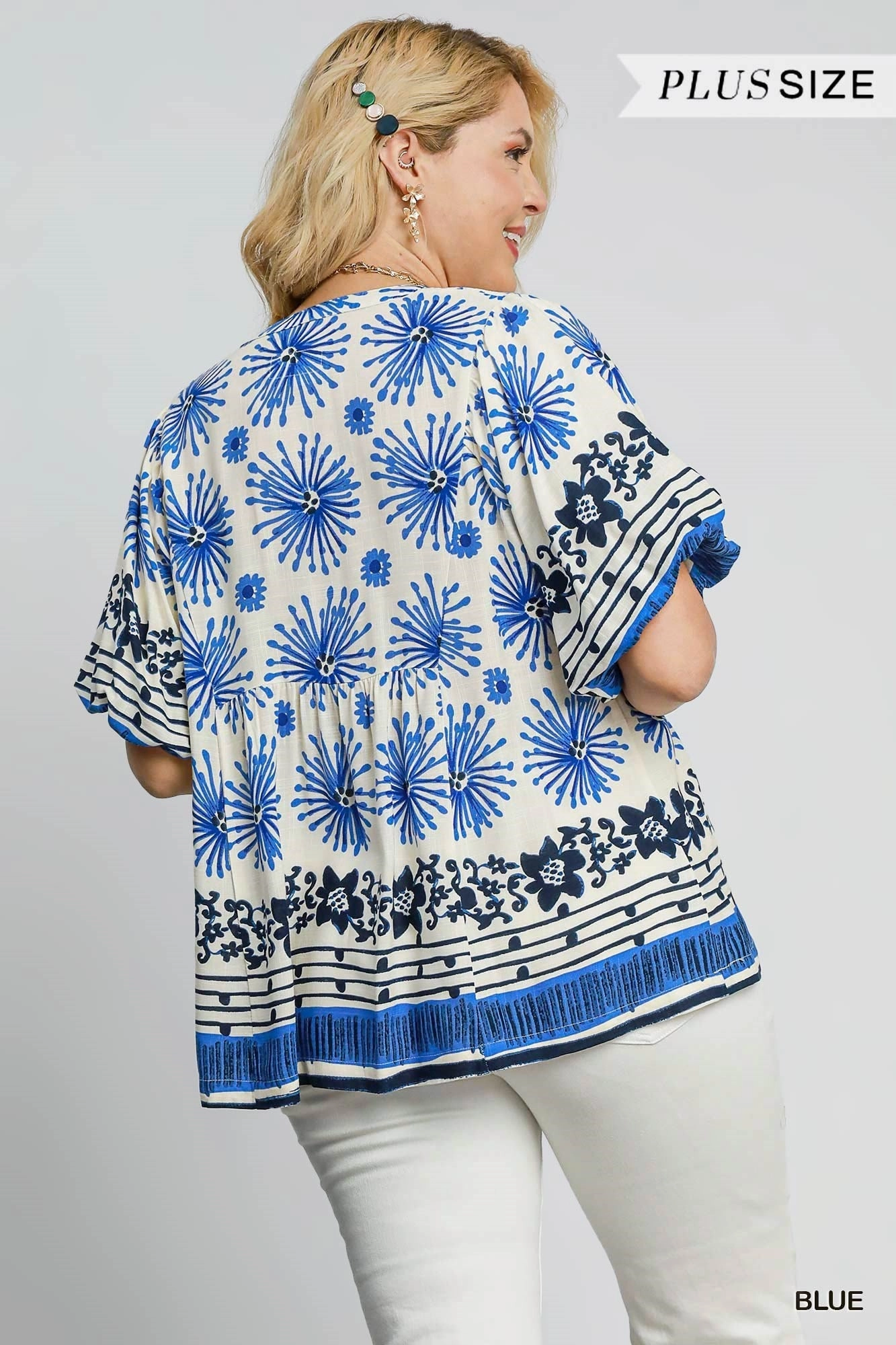 Denim Shirt Blue Mixed Border Print Smocked Top